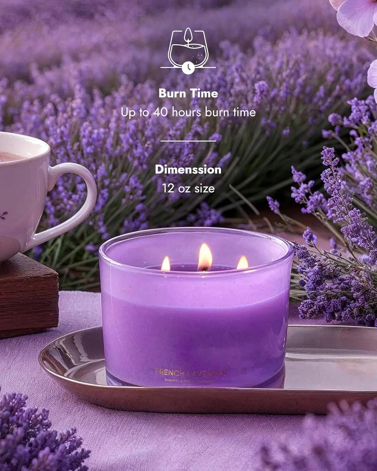 Luxury Lavender Soy Candle with 3 Wicks, 50-Hour Burn Time, Natural Wax for Relaxation and Home Decor