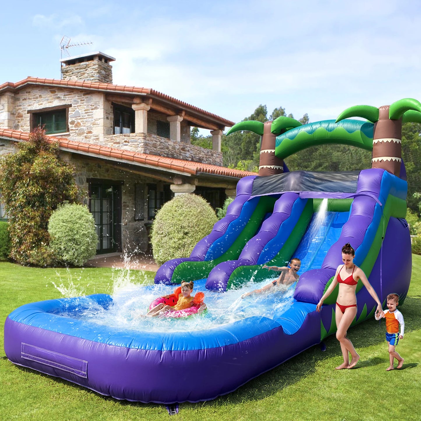 Inflatable Water Slide for Kids Vibrant Purple and Green Rainforest Design with Slip 'n Slide & Splash Pool