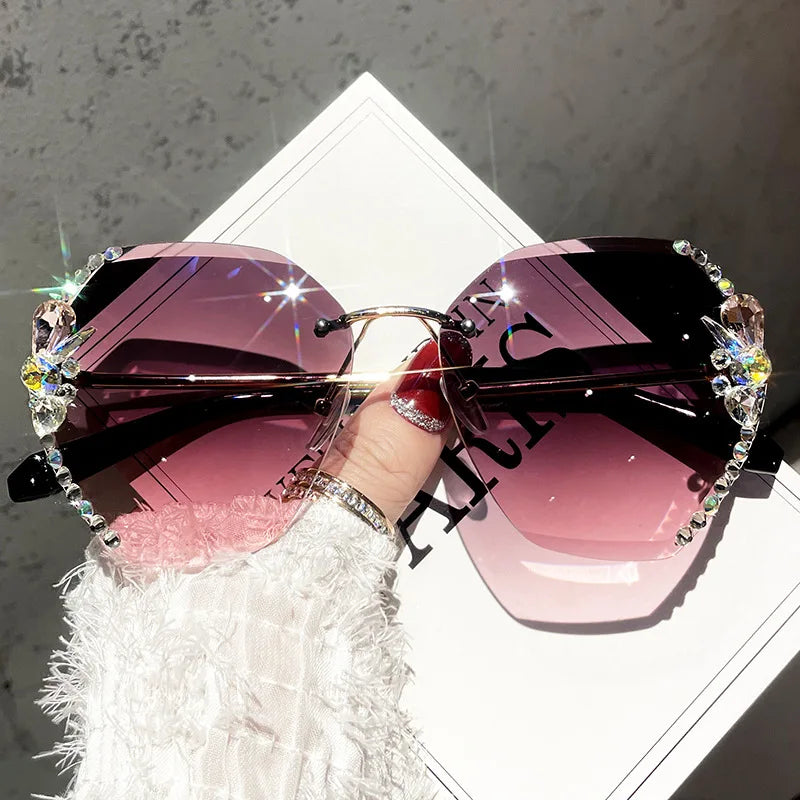 diamond fashion glasses women's rimless sunglasses.