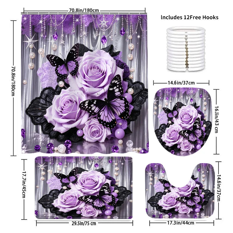 4Pcs - Fashionable Purple Lace Flower And Butterfly Printed Bath Curtain Set, Including Non-slip Bathroom, Thick U-shaped, Toilet Seat Cover,
