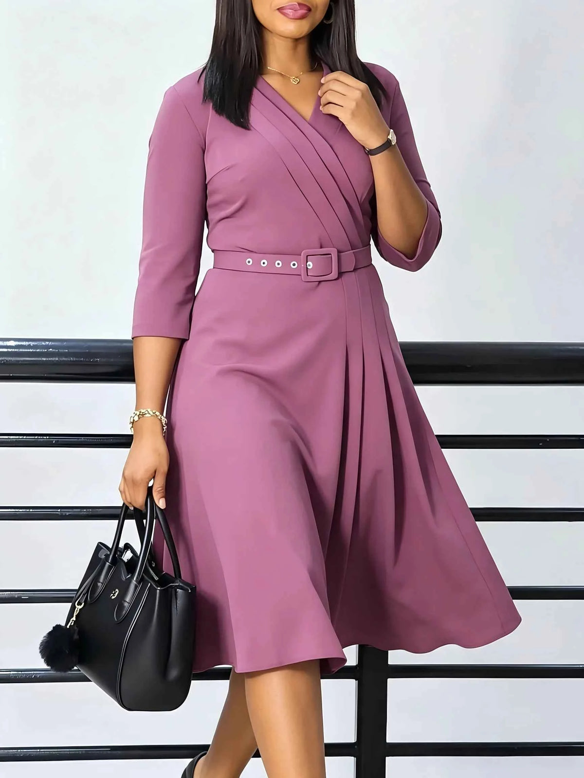 Women Elegant Office Midi Dress Plus Size V‑Neck 3/4 Sleeve Belted A‑Line Dress