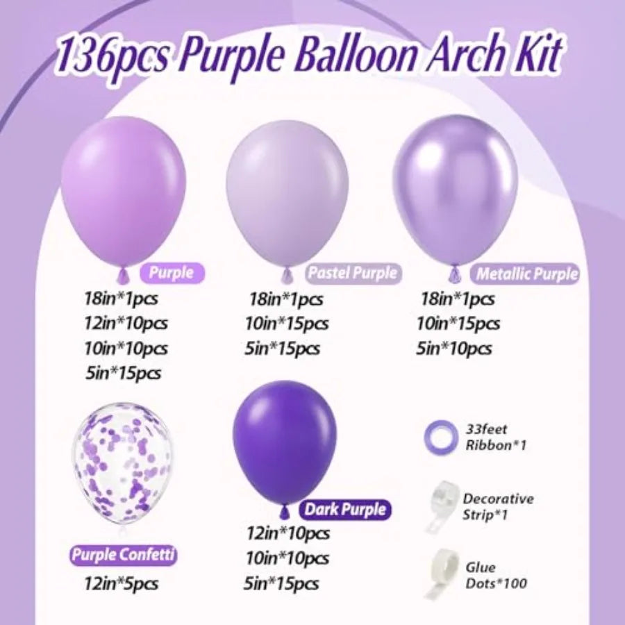 136 pcs Purple Balloons Garland Arch Kit