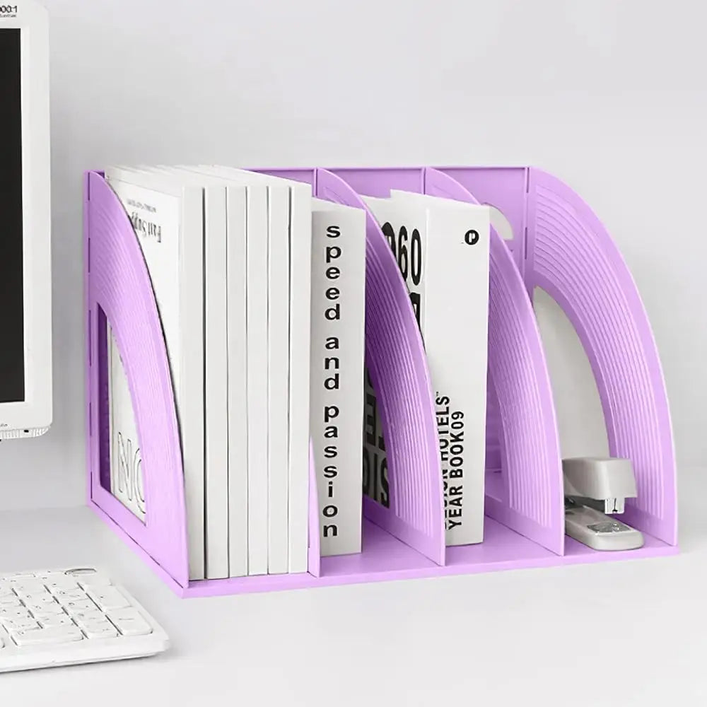 Magazine File Holder Folder Storage Desktop 4 Compartment Standing Hollow Purple Files Bookshelf Organizer
