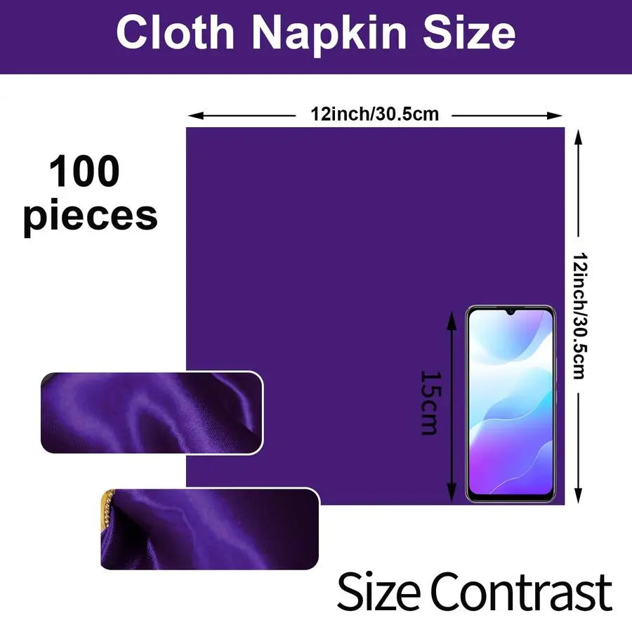 100 Pieces Purple Satin Cloth Napkins 12 x 12 Inches,