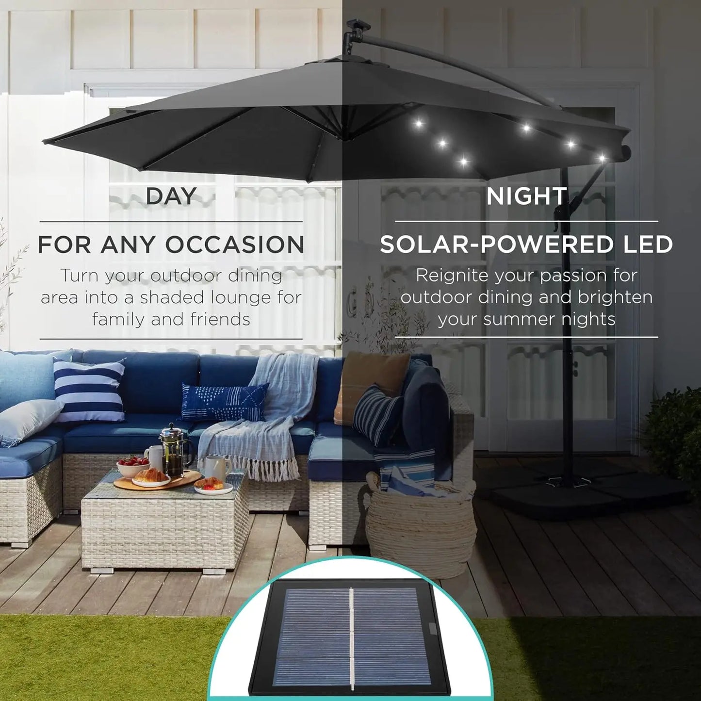 10ft Solar LED Offset Cantilever Hanging Market Patio Umbrella, 8 Sturdy Ribs, Easy Adjustment