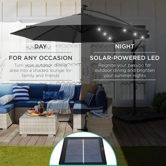 10ft Solar LED Offset Cantilever Hanging Market Patio Umbrella, 8 Sturdy Ribs, Easy Adjustment - Purpleobsessions