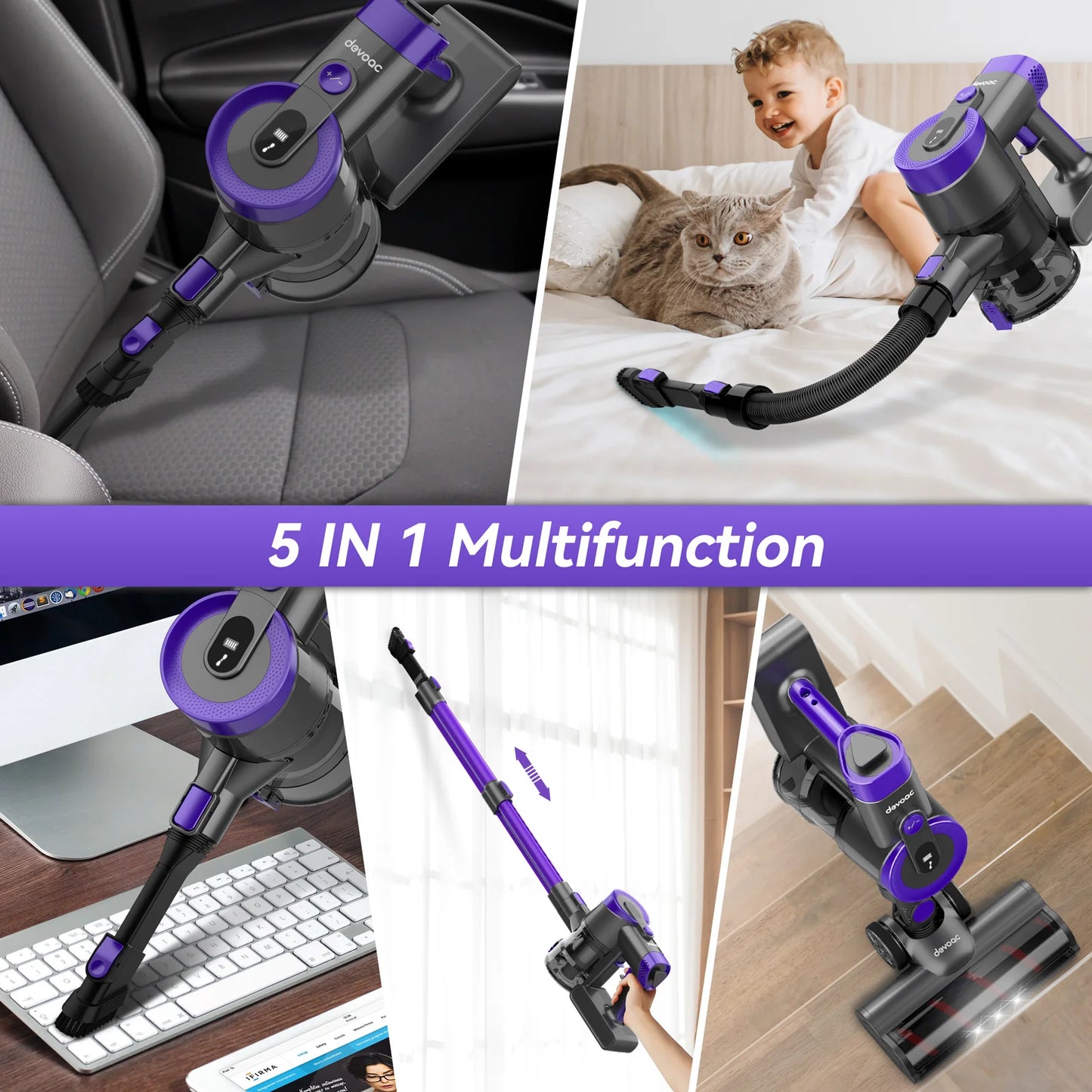 DEVOAC V90 Cordless Vacuum Cleaner, 6 in 1 Ultra-Light Stick Vacuum, 365W Motor 28KPa Handheld for Hard Floor Carpet Pet Hair