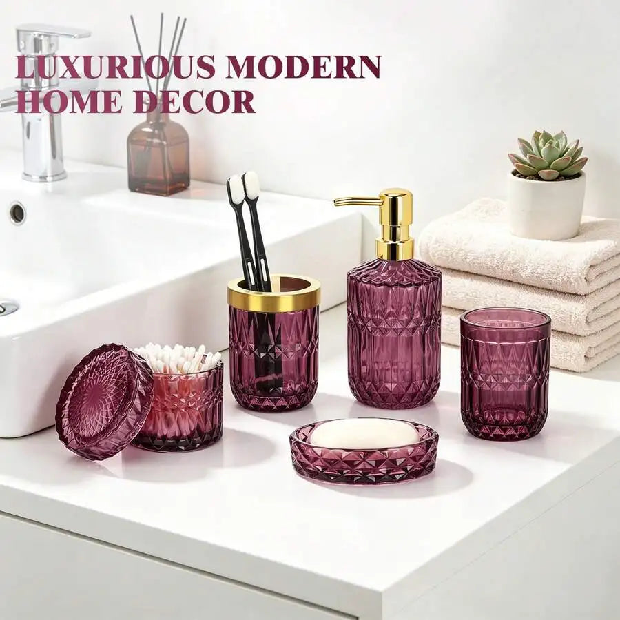 Luxury dark reddish purple glass bathroom 5-piece set: diamond-cut hand sanitizer bottle, mouthwash cup, toothbrush holder, cotton swab jar, soap dish. Nordic-style bathroom toiletry set