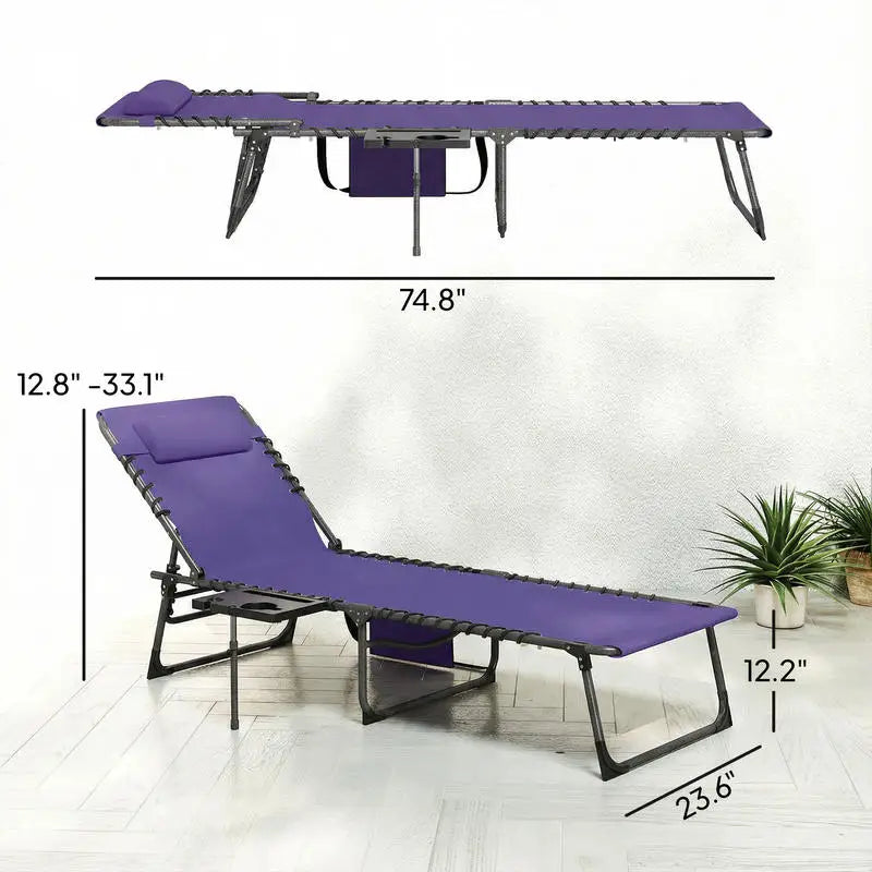 Folding Outdoor Chaise Lounge Chair Tanning Chair with 5-Level Adjustable Back, Side Table, Pillow, Pocket, Purple