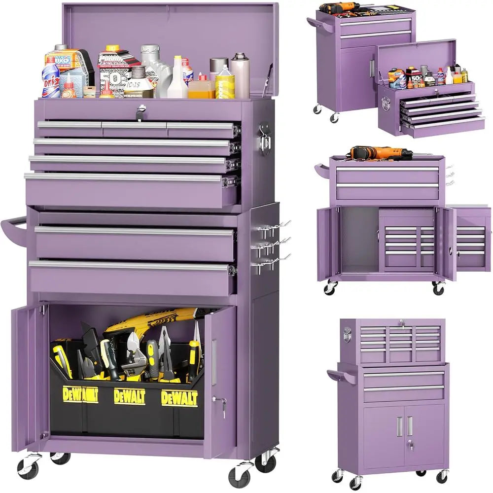 Portable 8-Drawer Tool Chest with Lockable Wheels, Detachable Top Box, Organizer for Workshop or Storage