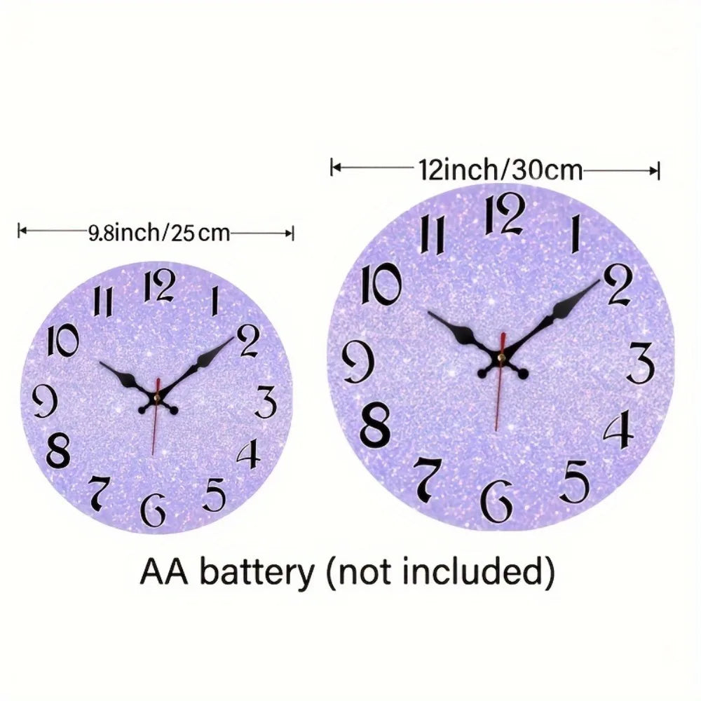 Enchanting Purple Glitter Silent Wall Clock - Wooden Battery Operated
