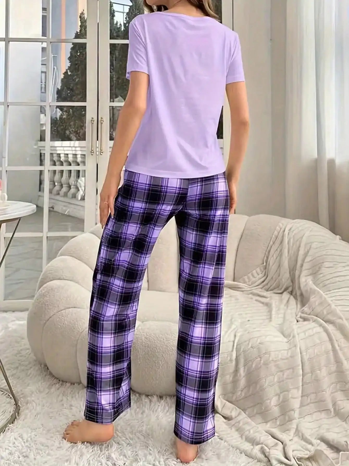 Purple Plaid Lounge Set with Heart Graphic Top for Women