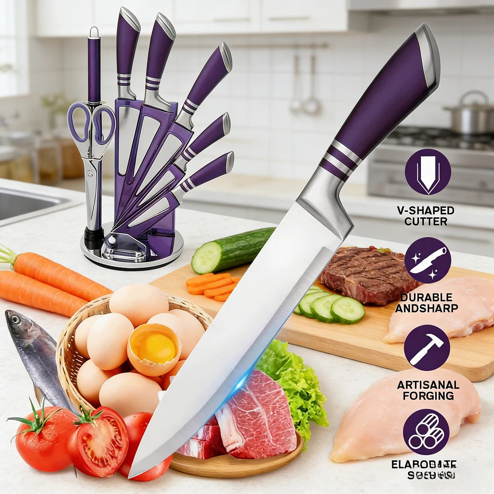 9-Piece Purple Kitchen Knife Set Sharp Wear-Resistant 3CR13 Stainless Steel Hollow Handle Ergonomic Chef Knife Set with Gift Box
