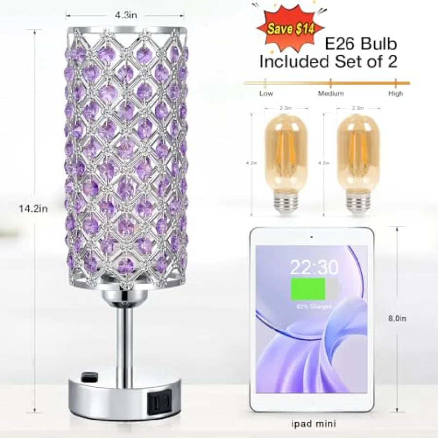 Set of 2 Crystal Lamps, 3 Way Dimmable Touch Lamp with Crystal Shade,