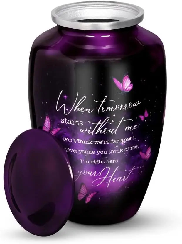 Large Purple Butterfly Urn for Ashes, Handcrafted Metal Keepsake with Secure Lid, Holds Up to 200lbs