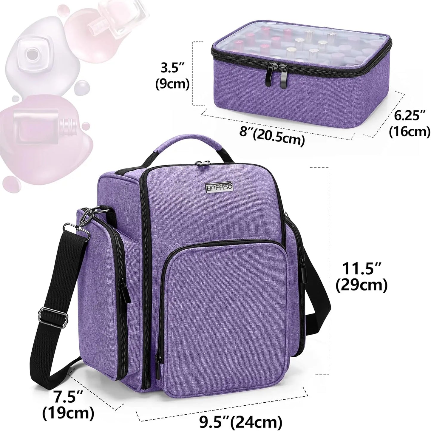 Nail Polish Organizer Holds 72 Bottles, Large Nail Polish Case with 3 Removable Pouches and Multiple Storage Sections, Purple