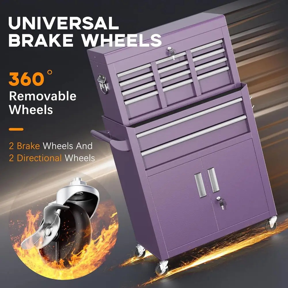 Portable 8-Drawer Tool Chest with Lockable Wheels, Detachable Top Box, Organizer for Workshop or Storage