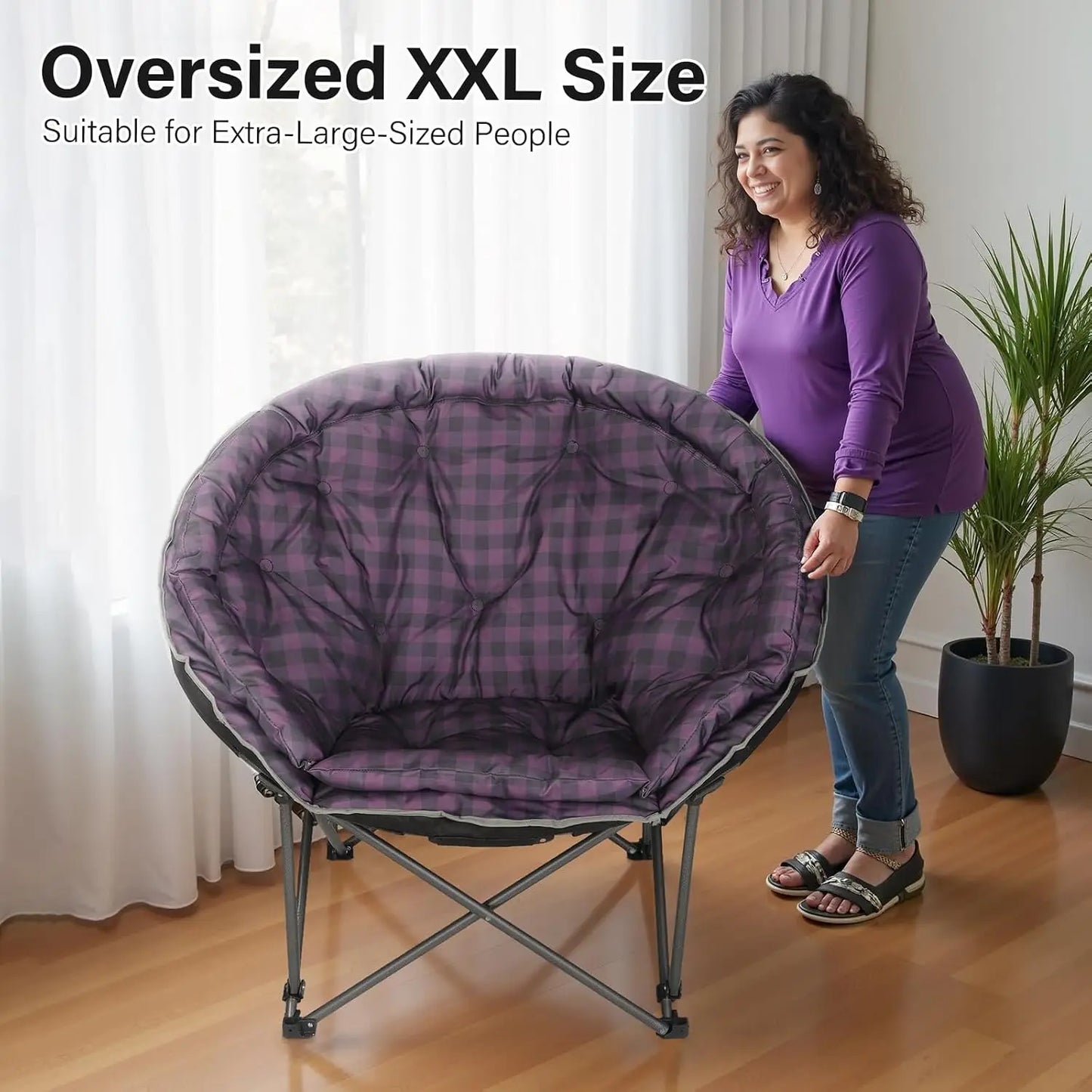 XXL Folding Moon Camp Chair, Heavy Duty 400lbs, Padded, Purple Plaid, Portable
