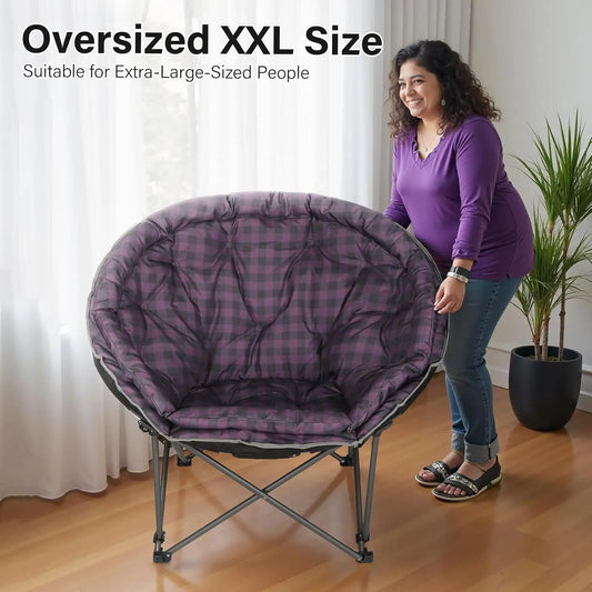 XXL Folding Moon Camp Chair, Heavy Duty 400lbs, Padded, Purple Plaid, Portable
