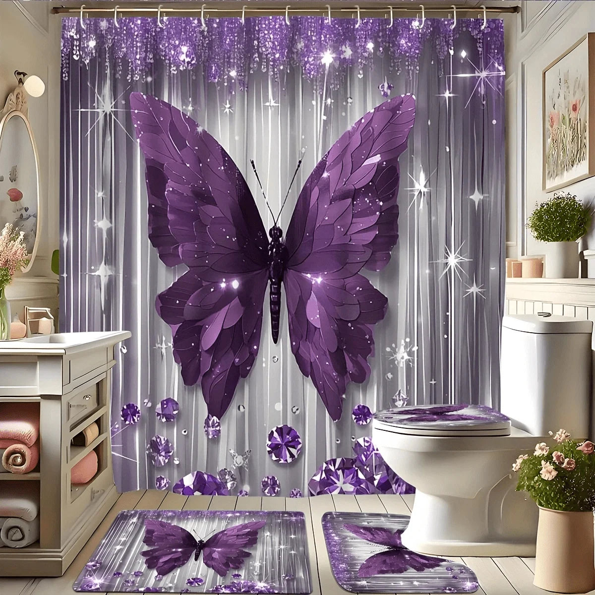4pcs Set - Fashion Diamond Purple Butterfly Shower Curtain Set,
