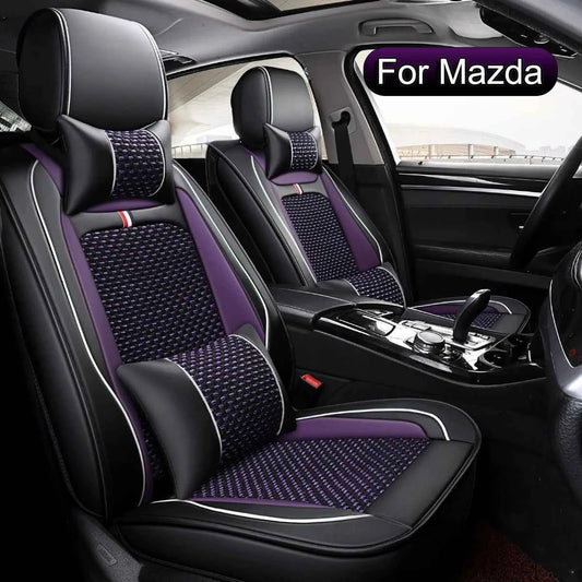 Cooling Rayon Leather Car Seat Covers, for Mazda 3, 6, CX-5, CX-3, CX-9, CX-30, CX-50, CX-70, Breathable Soft Touch Design Airbag Compatible Front & Rear Seat Cover Set with Pillow