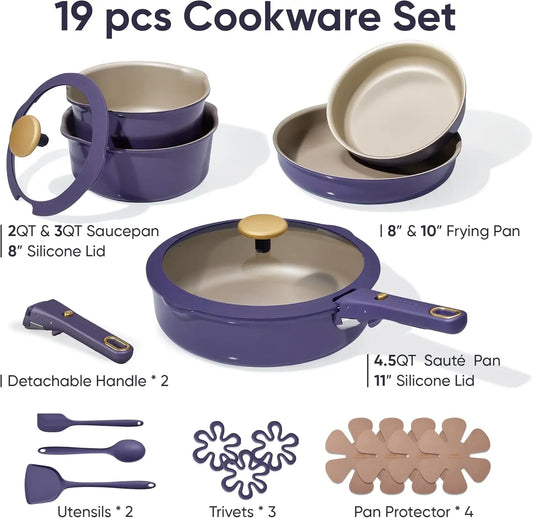 19 Piece Nonstick Cookware Set with Detachable Handle, Purple, Induction Compatible