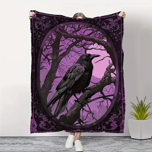 A Gothic-Style Crow Print Flannel Blanket - Soft And Warm for All Seasons