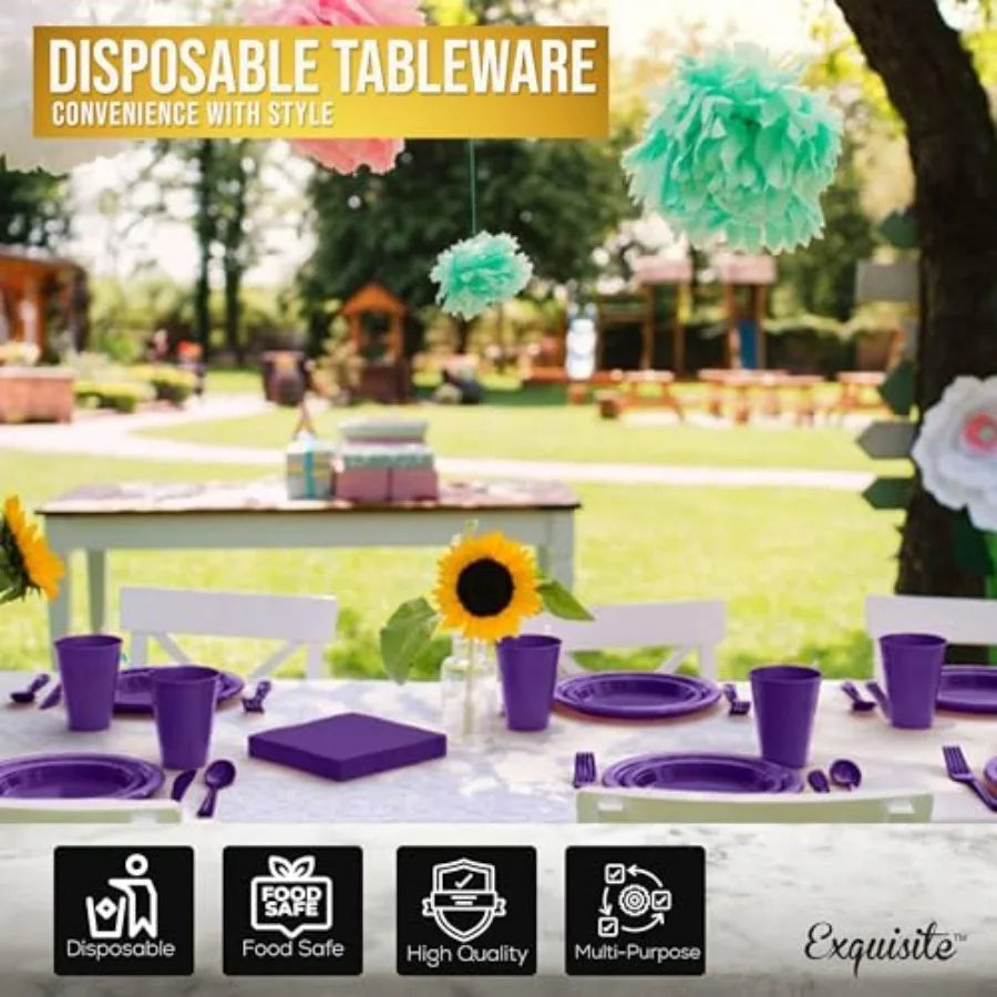 350 Pcs Purple Plastic Dinnerware set for 50 people. 9" & 7" plates, cups, napkins, utensils