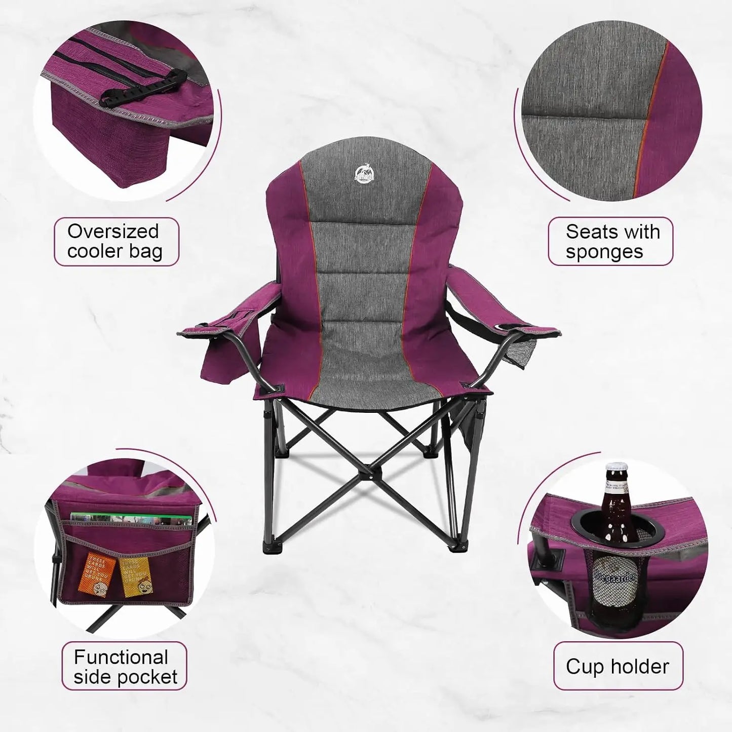 Oversized Portable Camping Chair, Heavy Duty Folding Chair Support 350 LBS with Cup Holder, Cooler Bag, Lumbar Support, Head Pocket for Adult