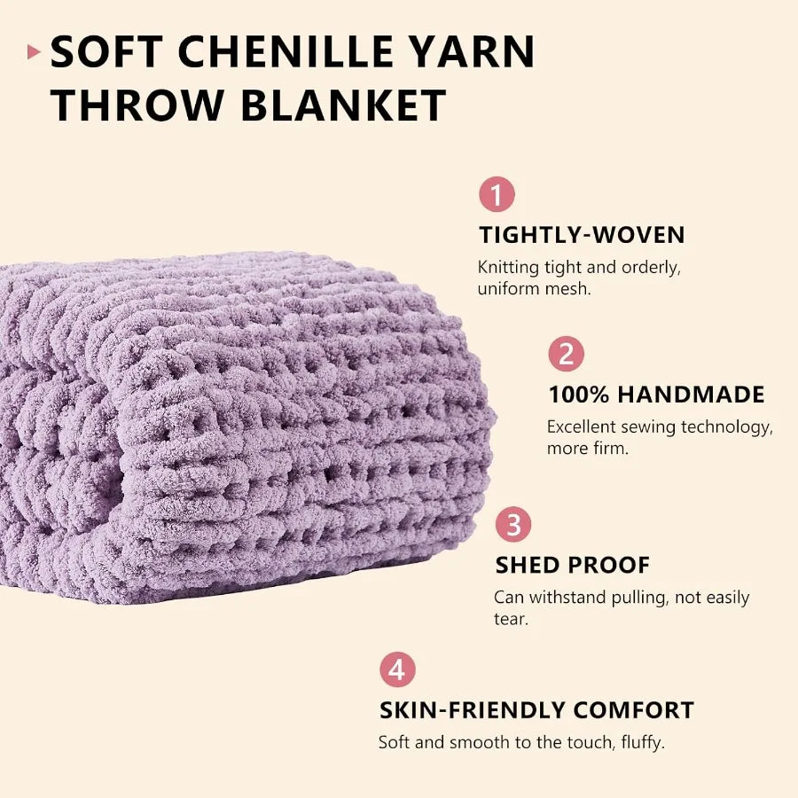 Handmade Large 80''x90'' Chunky Thick Cable-Knitted Chenille Blanket