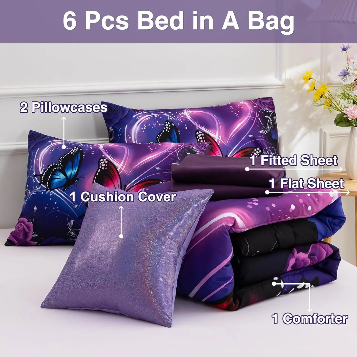 Dreamy Purple Butterfly Bedding Set with Black & Purple Comforter-Queen size