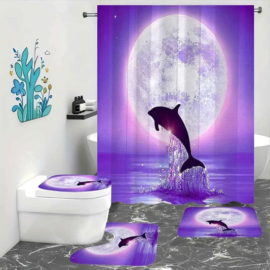4pcs Shower Curtain with 12 Hooks, Non-slip Mat, Toilet U-shaped Pad, Toilet Lid Pad 71x71 Inches