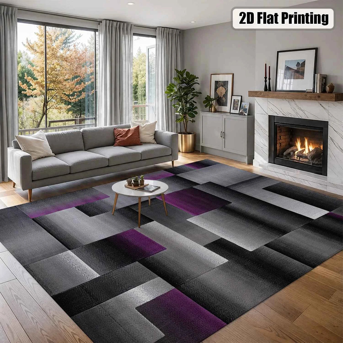 Large Indoor Area Rug, Soft Velvet Low Pile Non-Slip Dotted Backing Machine Washable, Modern Abstract Geometric Gray Purple Block Rug