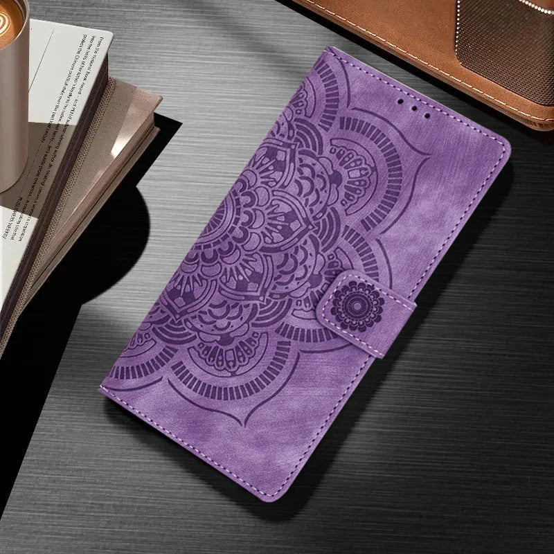 3D Embossed Flower Leather Phone Wallet Case Book For Samsung Galaxy S25 Edge S24 Ultra S23 Plus S22 S21 FE A16 A56 Flip Cover
