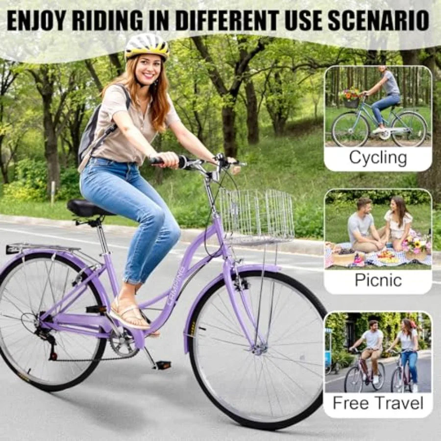 Women Beach Cruiser Bike 24/26 in. with Premium Derailleur Shift Lever Adjustable Seat