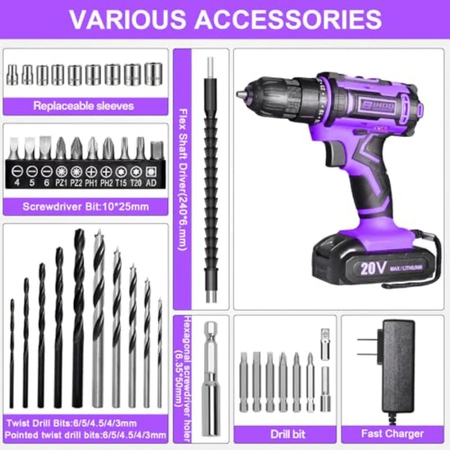 Purple Cordless Drill Set20V Drill Driver with Battery and Charger 3/8-Inch Keyless Chuck Variable Speed with Drills Bits Set