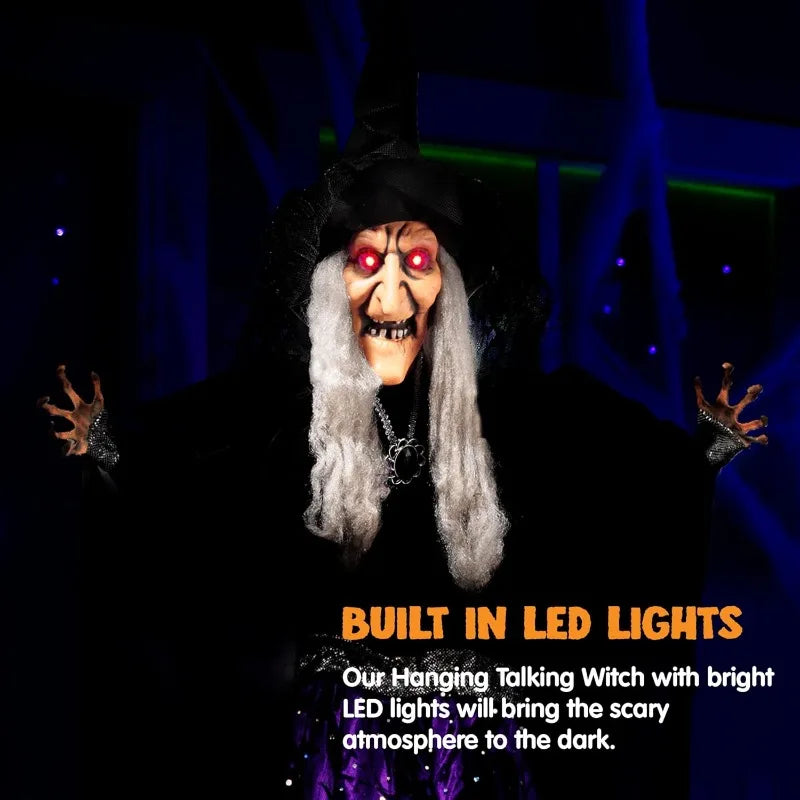 47'' Animated Witch Halloween Decoration, Hanging Ghost Talking Sound Activated Led Lights Eyes