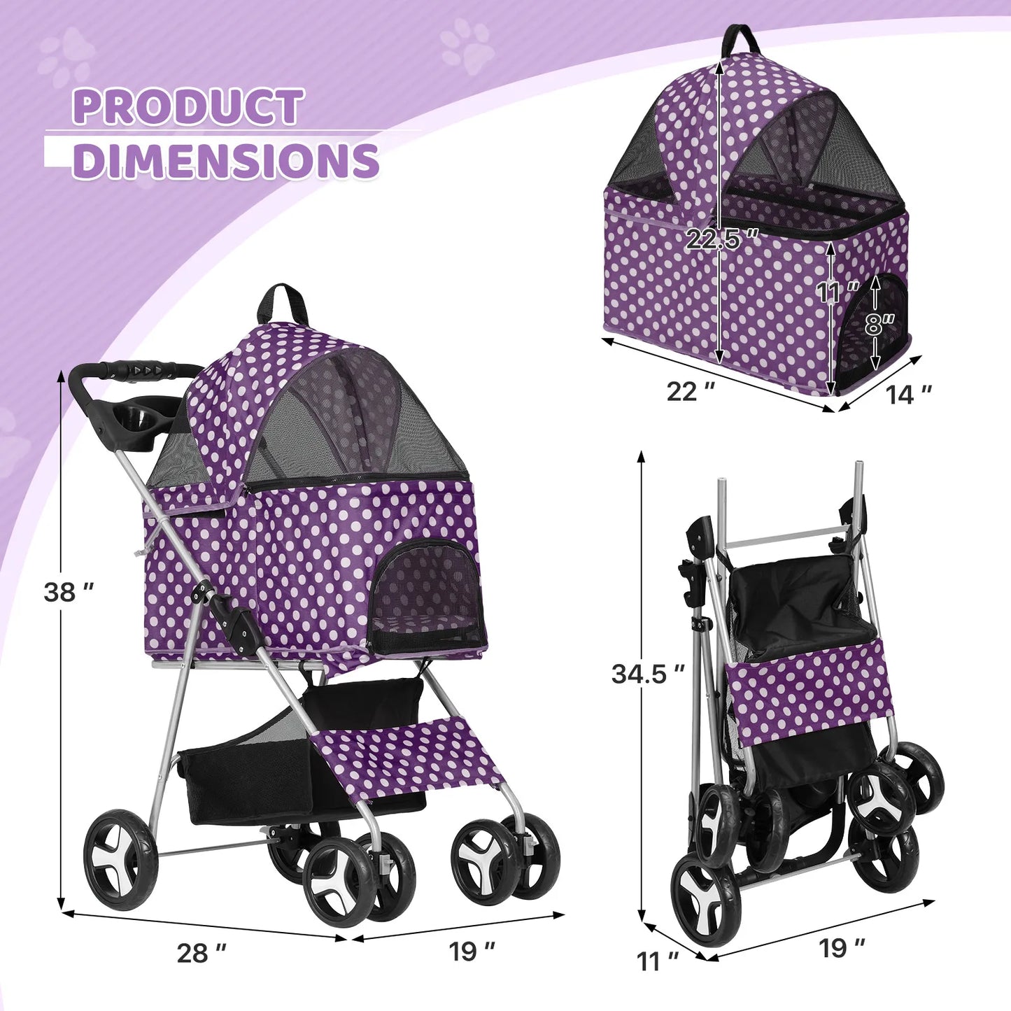 Pet Stroller 4 Wheels, 3-in-1 Foldable Dog Stroller w/Storage Basket & Cup Holder