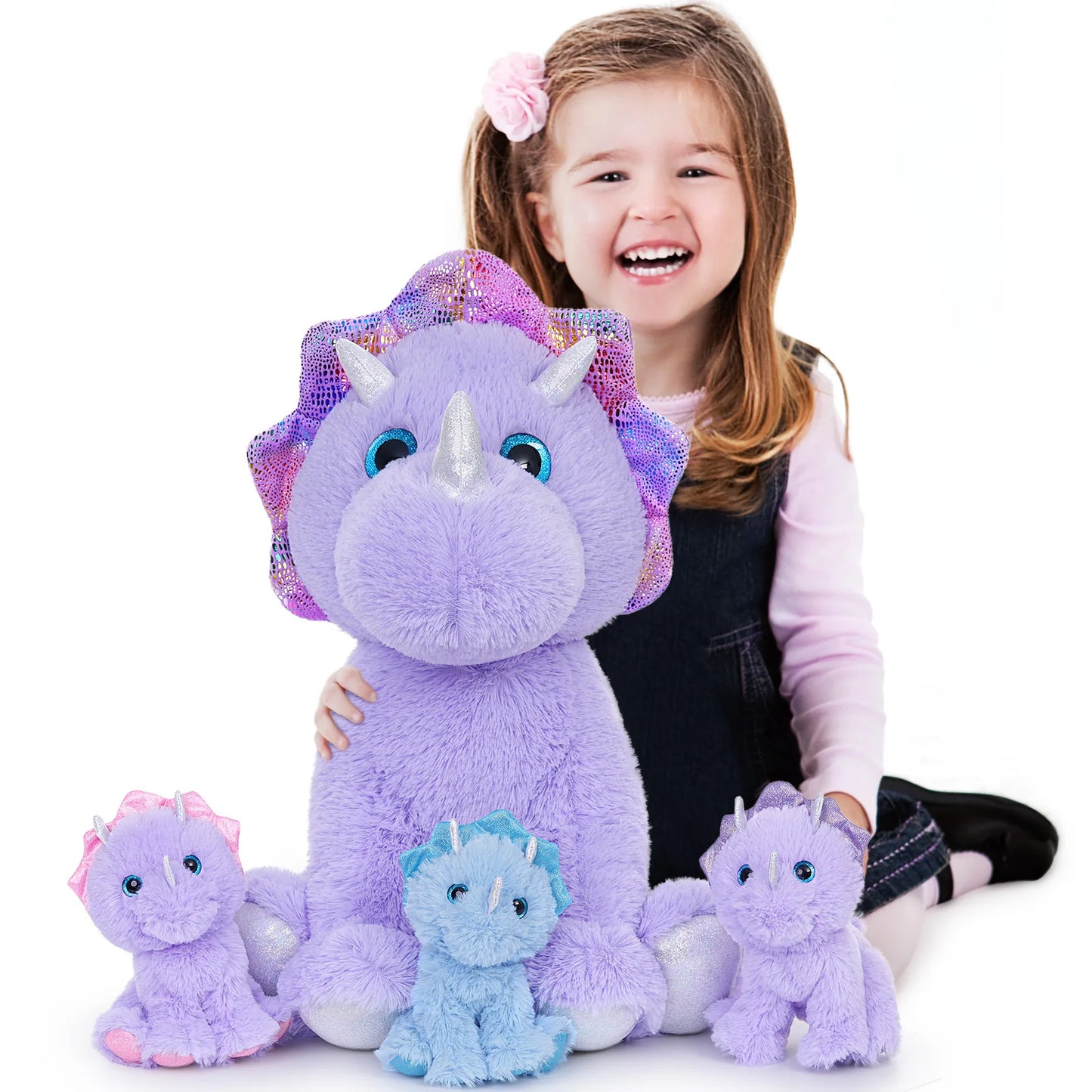 MaoGoLan Triceratops Stuffed Animal, 21" Purple Mommy Dinosaur Stuffed Animal with 3 Babies, Giant Dinosaur Plush Pillow Toy Set