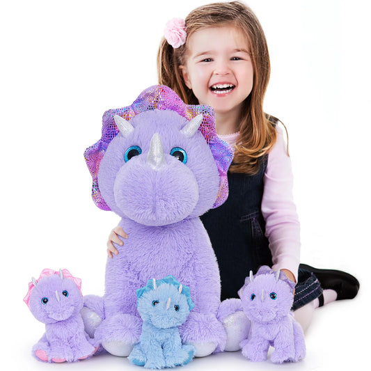 MaoGoLan Triceratops Stuffed Animal, 21" Purple Mommy Dinosaur Stuffed Animal with 3 Babies, Giant Dinosaur Plush Pillow Toy Set