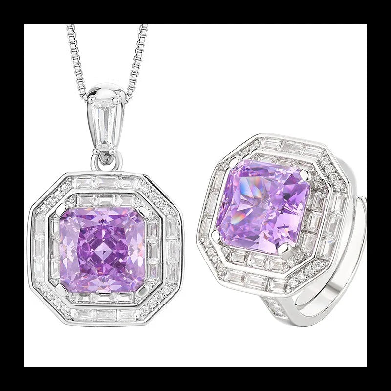 High Carbon Diamond Ice Flower Cut Purple Diamond Princess Square Set necklace or ring