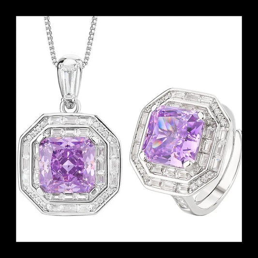 High Carbon Diamond Ice Flower Cut Purple Diamond Princess Square Set necklace or ring