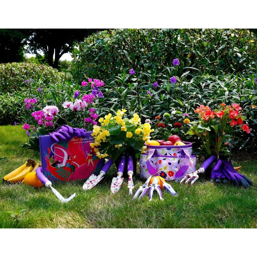 Floral Purple Garden Tool Set for Women: Heavy Duty Gardening Tools Kit with Pruning Shears and Storage Tote Bucket Bag Organizer