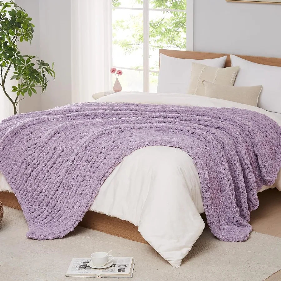 Handmade Large 80''x90'' Chunky Thick Cable-Knitted Chenille Blanket