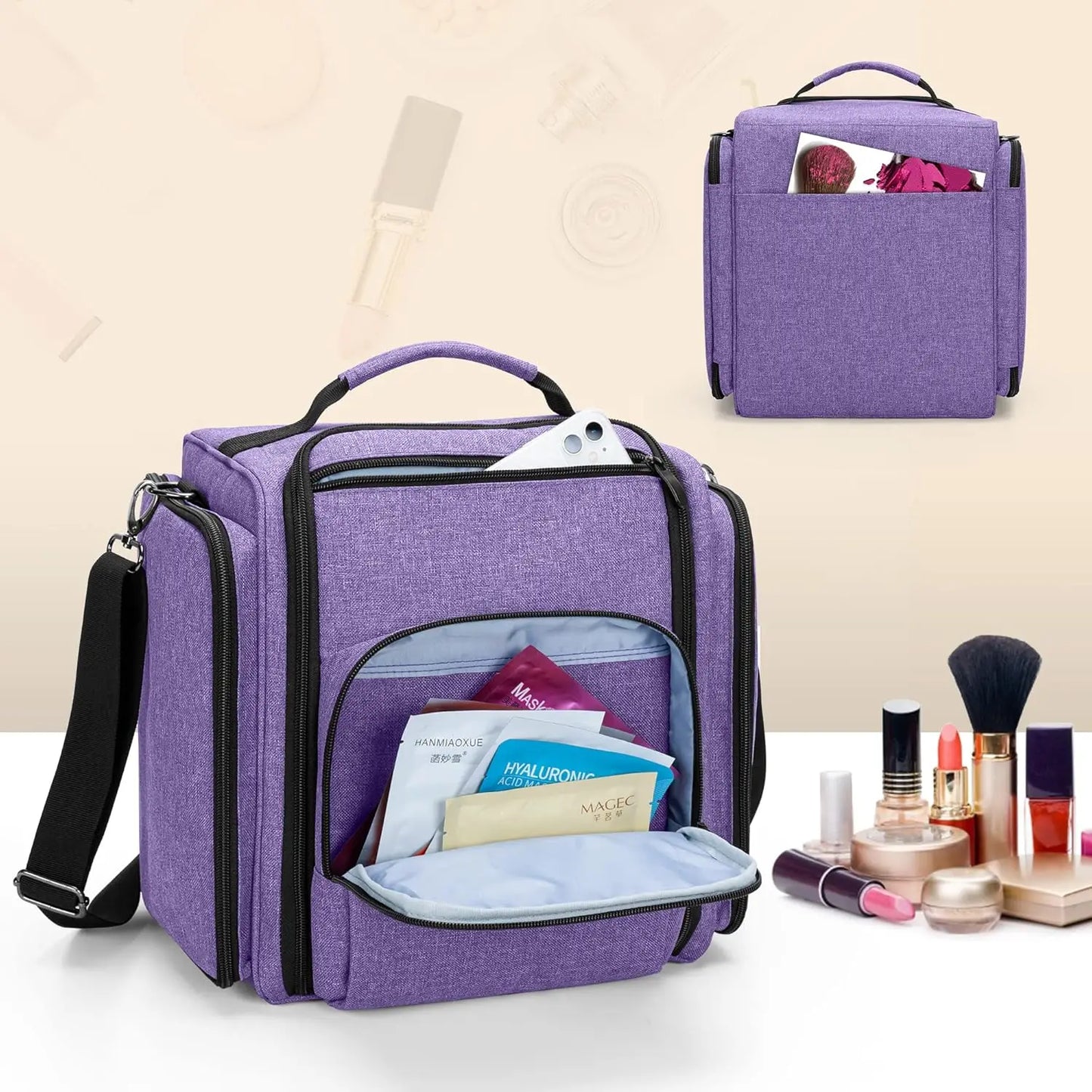 Multifunctional Travel Makeup Bag with 4 Removable Pouches, Purple Cosmetic Organizer for Easy Storage