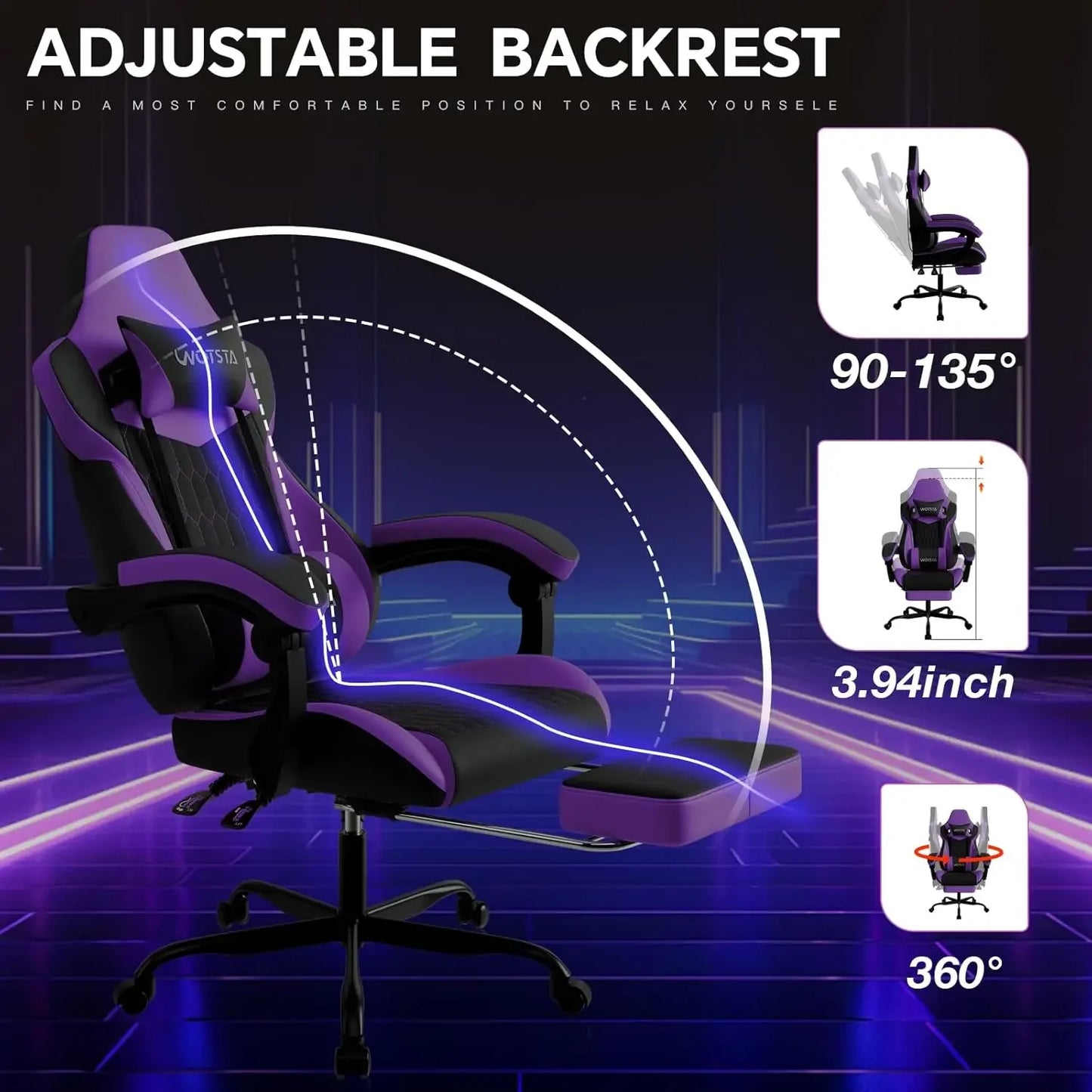 Purple High Back Ergonomic Gaming Chair With Footrest Adjustable Headrest Lumbar Support PVC Leather Racing Style For Home Offic
