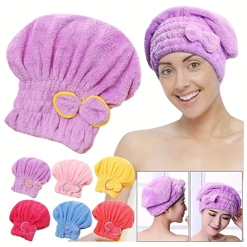 Cute Quick-Dry Shower Caps with Bow Decoration, Elastic Absorbent Hair Drying Bonnet
