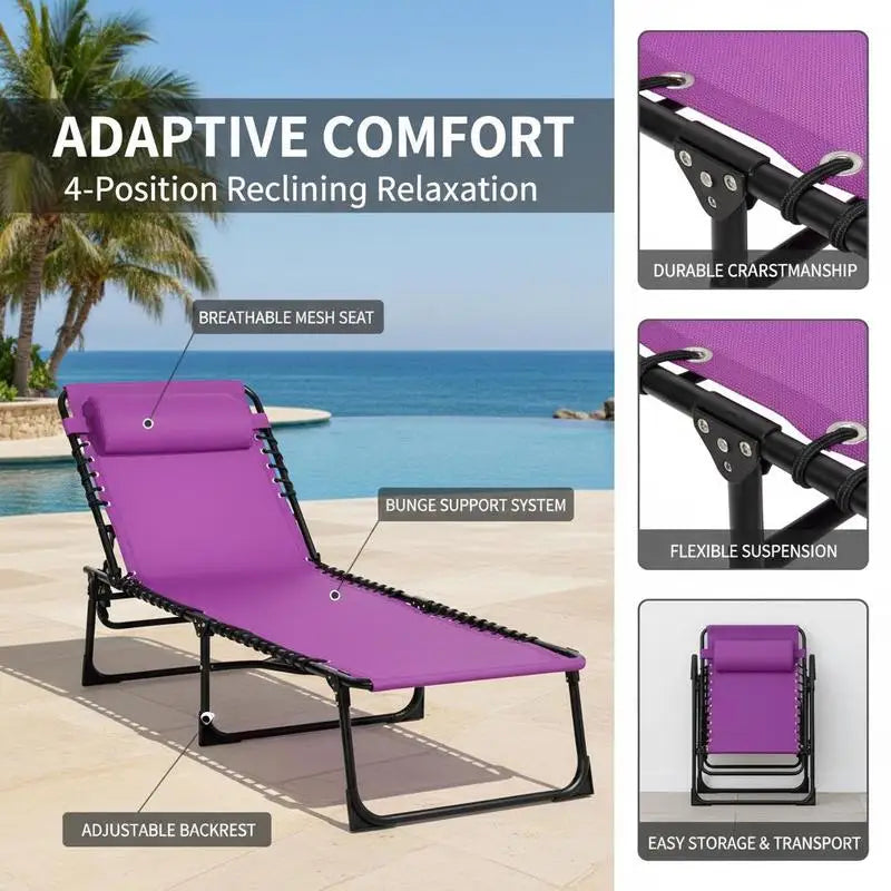 Folding Chaise Lounge Pool Chair with 4-Position Reclining Back, Pillow, Breathable Mesh