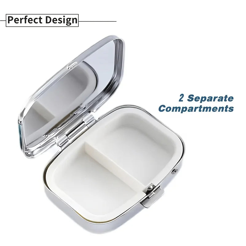 1PC compact 2-compartment square metal pill box, featuring a purple starry night waterfall design