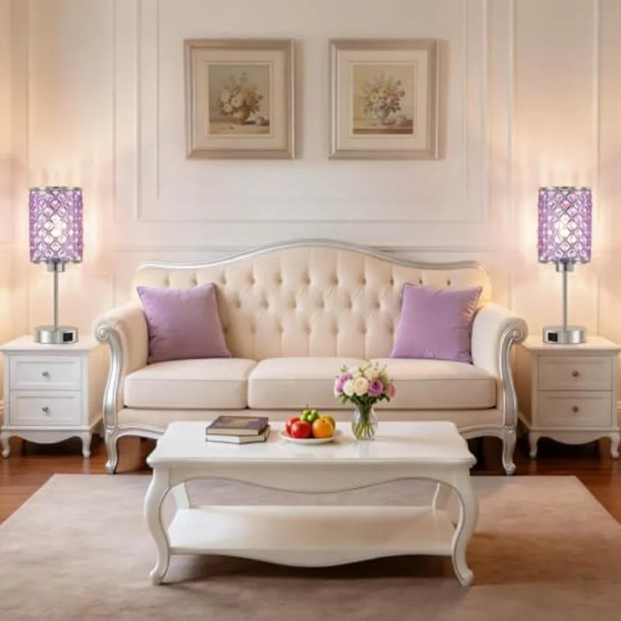 Purple Crystal Table Lamp with USB C+A Ports Dimmable Touch Control